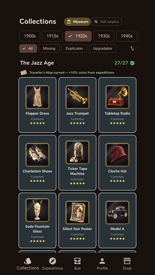 The collections screen