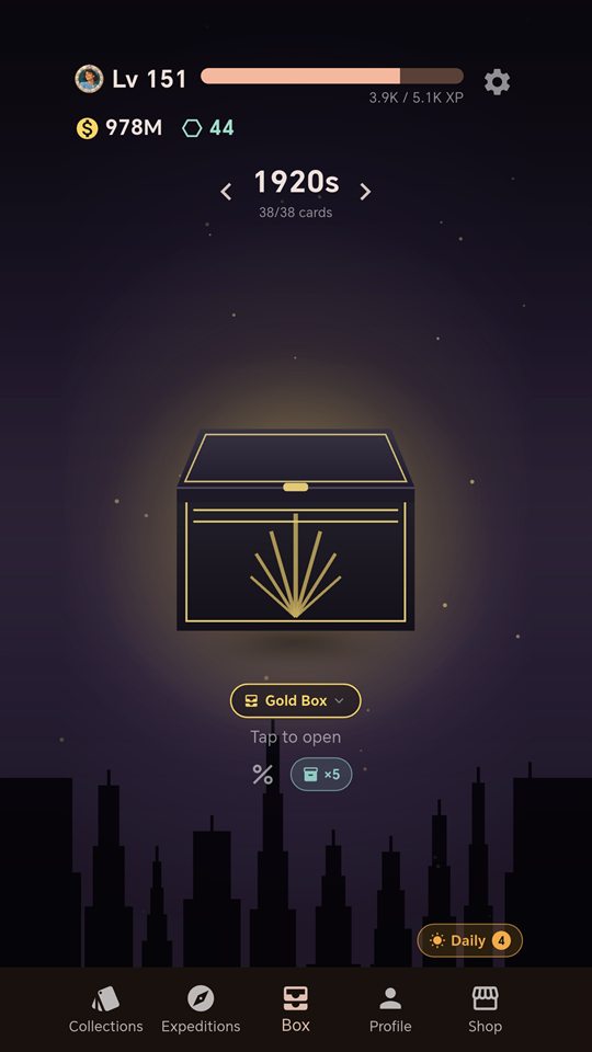 The box screen: a black and gold 1920s box ready to open